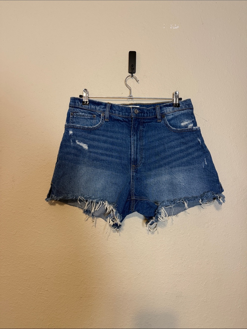 Abercrombie & Fitch Distressed High Waist Denim Shorts - Blue
